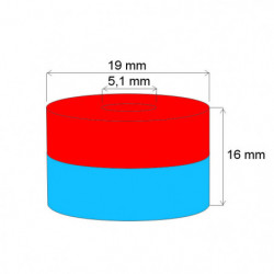 Magnete al neodimio corona circolare diam.19x diam.5.1x16 N 120 °C, VMM4H-N35H