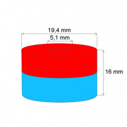 Magnete al neodimio corona circolare diam.19.4x diam.5.1x16 N 80 °C, VMM5