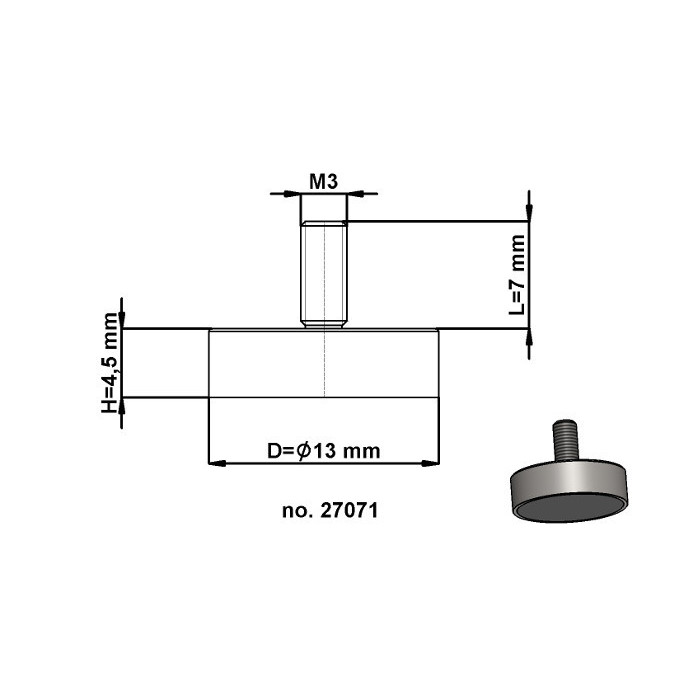 Lente magnetica con gambo diam. 13 x altezza 4.5 mm con filettatura esterna M3, lunghezza filettatura 7 mm