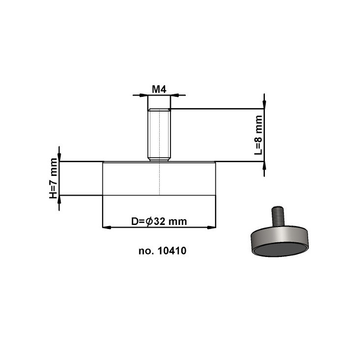 Lente magnetica con gambo diam. 32 x altezza 7 mm con filettatura esterna M4, lunghezza filettatura 8 mm