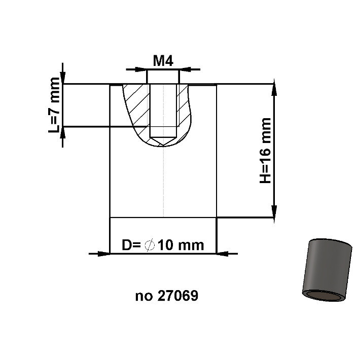 Lente magnetica cilindrica diam. 10 x altezza 16 mm con filettatura interna M4. lunghezza filettatura 7 mm