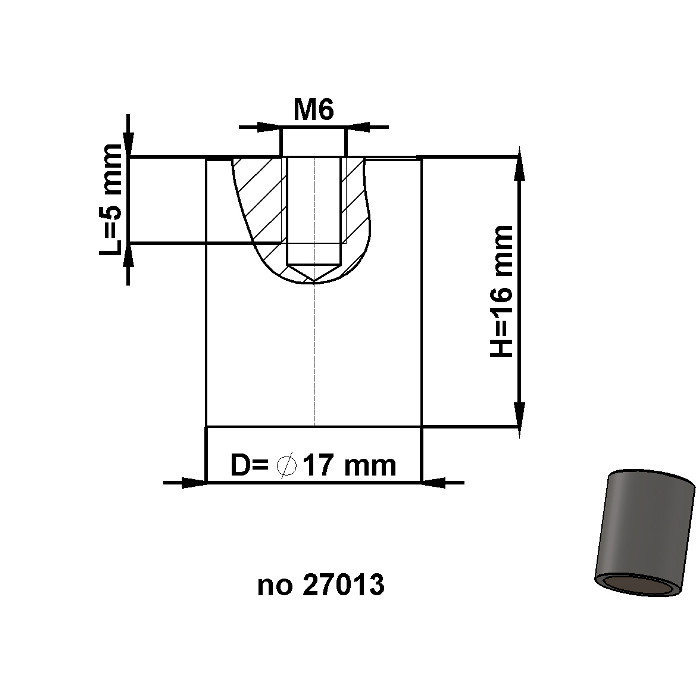 Lente magnetica cilindrica diam. 17 x altezza 16 mm con filettatura interna M6. lunghezza filettatura 5 mm
